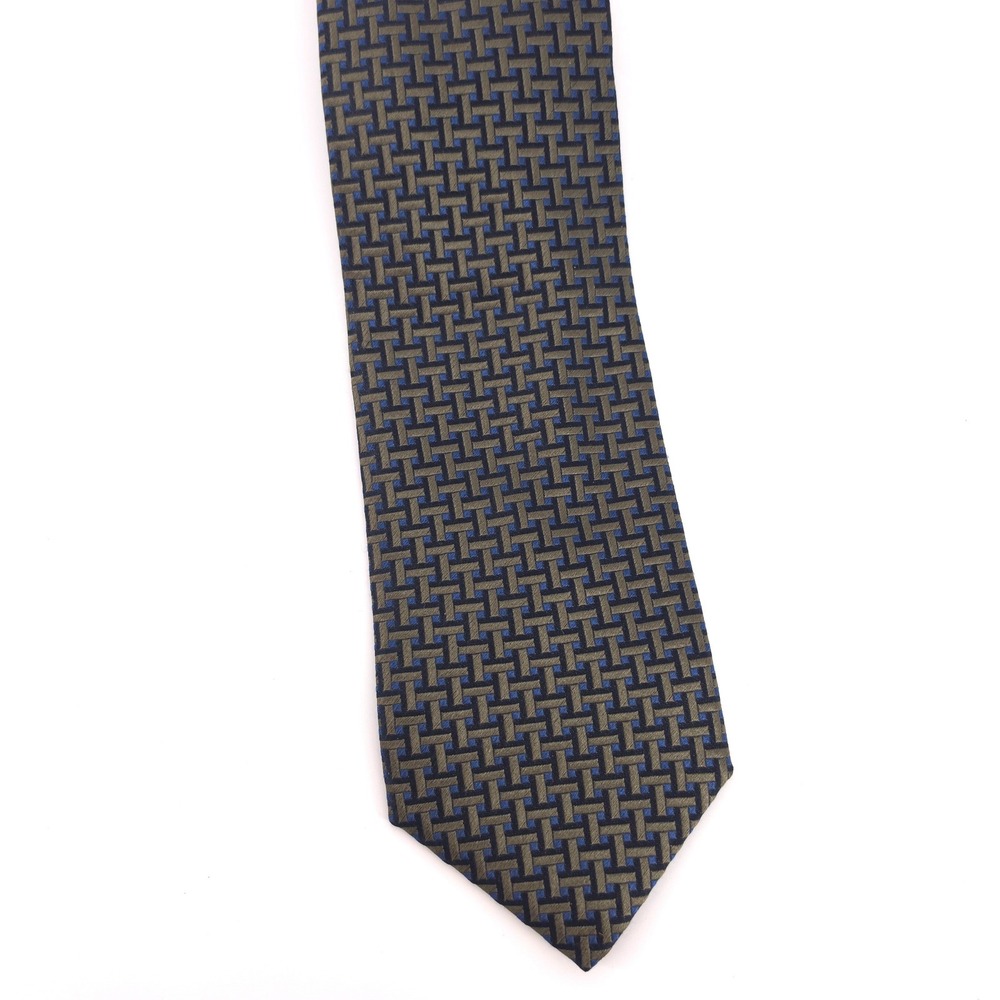 Canali Mens Tie 100% Silk Olive Green Navy Geometric Basketweave Made in Italy - Picture 6 of 10